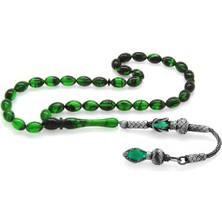 Okyanus Silver 1000 Ayar Gümüş Kazaz Püsküllü Arpa Kesim Süzme Yeşil-Siyah Ateş Kehribar Tesbih