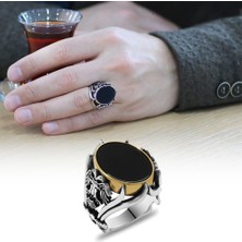 Okyanus Silver Siyah Oniks Taşlı Yanları Zülfikar Detaylı 925 Ayar Gümüş Erkek Yüzük