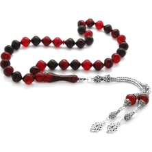 Okyanus Silver 925 Ayar Gümüş Püsküllü İstanbul Kesim Kırmızı-Siyah Ateş Kehribar Tesbih