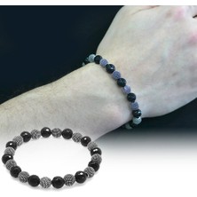 Okyanus Silver Fasetalı Oniks Metal Kombinli Küre Kesim Doğal Taş Bileklik