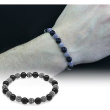 Okyanus Silver Oniks Metal Kombinli Küre Kesim Doğal Taş Bileklik