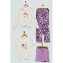 For You Kids 4'lü You Çicek Baskılı Lila Pijama Takım S27409