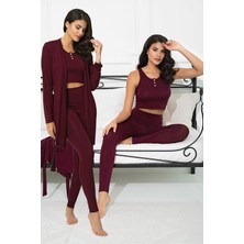 For You Sleepwear 3'lü Penye Sabahlıklı Atlet Tayt Bordo Takım S27278