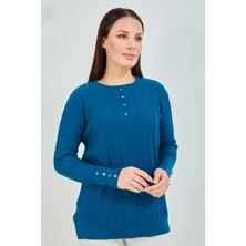 Fresh Moda Anne  Kazağı Indigo Mavisi Merserize Esnek Likralı  Düğme Detaylı Bluz Kazak