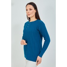 Fresh Moda Anne  Kazağı Indigo Mavisi Merserize Esnek Likralı  Düğme Detaylı Bluz Kazak