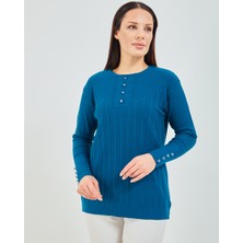 Fresh Moda Anne  Kazağı Indigo Mavisi Merserize Esnek Likralı  Düğme Detaylı Bluz Kazak