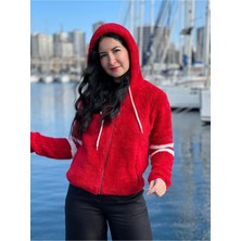 Benim Olmalı Kırmızı Sweatshirt, Tam Fermuar, Kapüşonlu, Peluş Sweatshirt