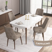 Canisa Concept Are Serisi, Mdf 80X132 Açılabilir Beyaz Masa Ceviz Ayak Yemek Odası Takımı, 4 Sandalye Gümüş Halkalı