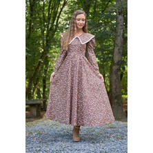 Küçüğüm Butik Vintage Yakalı Kahverengi Çiçekli Uzun Kol Kloş Elbise