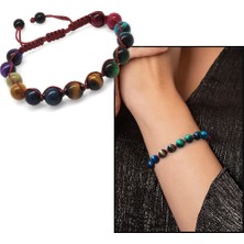 Okyanus Silver Kırmızı Makrome Örgülü Küre Kesim Çoklu Kaplangözü Doğaltaş Kombinli Kadın Enerji Bilekliği