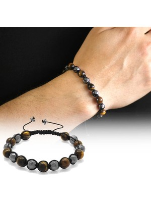 Tesbihname Makrome Örgülü Küre Kesim Kaplangözü-Fasetalı Hematit Kombinli Doğaltaş Bileklik