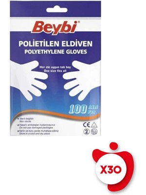 Beybi Polietilen Hışır Şeffaf Eldiven 100'LÜ 30 Paket
