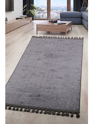 Bonny Home Nova Antrasit Leke Tutmaz Yıkanabilir Kaymaz Halı Yumuşak Püsküllü Saçaklı Modern Yolluk
