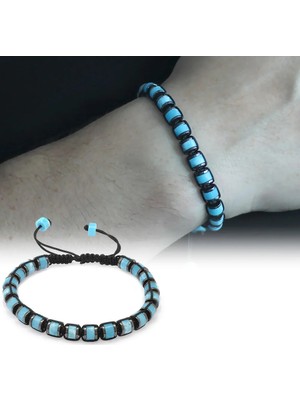 Tesbihname Silindir Kesim Makrome Örgülü Turkuaz Varisit-Hematit Kombinli Doğaltaş Erkek Bileklik