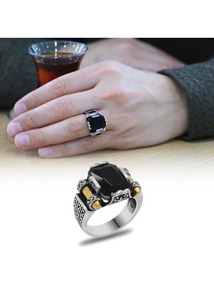 Tesbihname Siyah Baget Taşlı Avangarde Tasarım 925 Ayar Gümüş Şah Cihan Yüzüğü