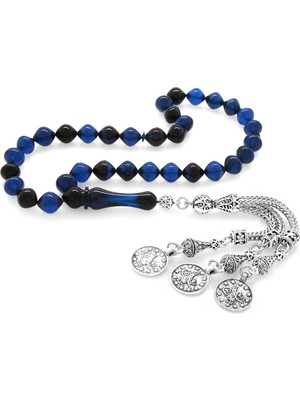 Tesbihname Kararmaz Metal Mecidiye Püsküllü İstanbul Kesim Mavi-Siyah Sıkma Kehribar Tesbih