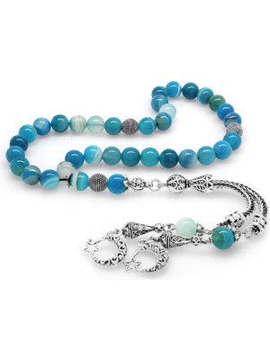 Tesbihname Kararmaz Metal Ayyıldız Püsküllü Küre Kesim Mavi-Beyaz Akik Doğaltaş Tesbih