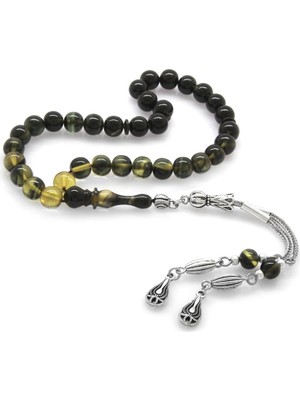 Gül Endam Kararmaz Metal Püsküllü Küre Kesim Bilek Boy Süzme Beyaz-Siyah Ateş Kehribar Tesbih