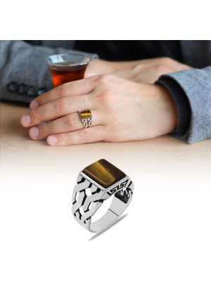 Gümüş Hediye Al Zincir Tasarım Kaplan Gözü Taşlı 925 Ayar Gümüş Erkek Yüzük