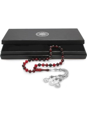 Gümüş Hediye Al Kararmaz Metal Mecidiye Püsküllü Istanbul Kesim Kırmızı-Siyah Ateş Kehribar Tesbih