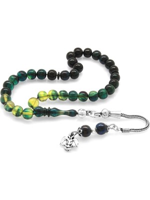 Gümüş Hediye Al 925 Ayar Gümüş Püsküllü Küre Kesim Bilek Boy Süzme Mavi-Beyaz Ateş Kehribar Tesbih