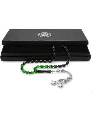 Gümüş Hediye Al Kararmaz Metal Ayyıldız Püsküllü Arpa Kesim Süzme Yeşil-Siyah Ateş Kehribar Tesbih