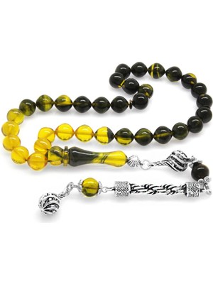 Gümüş Hediye Al Kararmaz Metal Halat Püsküllü Istanbul Kesim Süzme Sarı-Siyah Ateş Kehribar Tesbih