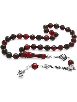 Gümüş Hediye Al Kararmaz Metal Halat Püsküllü Istanbul Kesim Kırmızı-Siyah Ateş Kehribar Tesbih