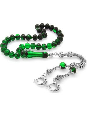 Gümüş Hediye Al Kararmaz Metal Ayyıldız Püsküllü Tekerlek Kesim Süzme Yeşil-Siyah Ateş Kehribar Tesbih