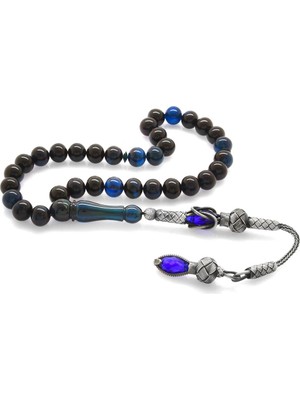 Gümüş Hediye Al 1000 Ayar Gümüş Kazaz Püsküllü Küre Kesim Mavi-Siyah Sıkma Kehribar Tesbih