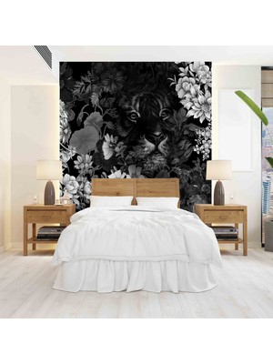 Dekoros siyah Beyaz Çiçek Kaplan Desenli Özel Tasarım Duvar Kağıdı