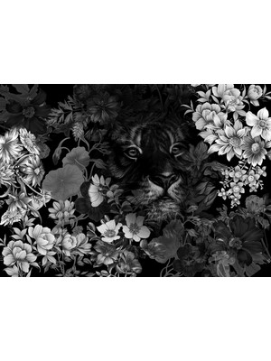 Dekoros siyah Beyaz Çiçek Kaplan Desenli Özel Tasarım Duvar Kağıdı