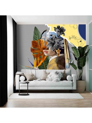 Dekoros ınci Küpeli Kız Figürü Çiçek Desen Özel Tasarım Güzellik Merkezi Kuaför Duvar Kağıdı