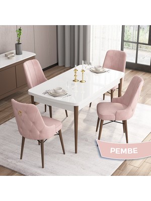 Canisa Concept Are Serisi Beyaz Masa Ceviz Ayak Mdf 80X132 Açılabilir Mutfak Masa Takımı  4 Sandalye Gold Halkalı