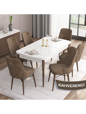 Canisa Concept Are Serisi Beyaz Masa Ceviz Ayak Mdf 80X132 Açılabilir Yemek Odası Takımı  6 Sandalye Gold Halkalı