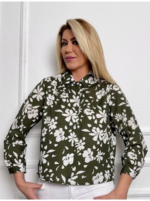 Şimal Gökçe Haki Yeşili Beyaz Çiçek Desenli Gömlek