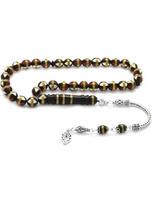 Okyanus Silver 925 Ayar Gümüş Püsküllü Kırmızı-Beyaz Mine Dolgulu Pirinç Sarmal Küre Kesim Kuka Tesbih