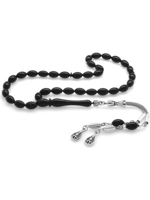 Okyanus Silver Kararmaz Metal Su Damlası Püsküllü Arpa Kesim Bilek Boy Siyah Sıkma Kehribar Tesbih