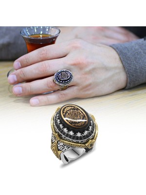 Okyanus Silver Siyah Sıkma Kehribar Üzerine Mühr-I Süleyman ve Duası Işlemeli 925 Ayar Gümüş Erkek Yüzük