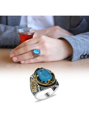 Okyanus Silver Aqua Paraiba Taşlı Kenarları Kalem Işçilik Detaylı 925 Ayar Gümüş Erkek Yüzük