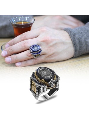 Okyanus Silver Mavi Sıkma Kehribar Üzerine Hüsn-I Hat 33 Besmele-I Şerif Yazılı Yanları Kale Tasarım 925 Ayar Gümüş Erkek Yüzük