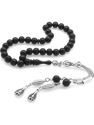 Okyanus Silver Kararmaz Metal Püsküllü Küre Kesim Bilek Boy Siyah Sıkma Kehribar Tesbih