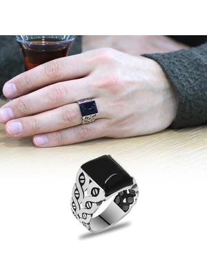 Okyanus Silver Oval Siyah Oniks Taşlı Sarmaşık Tasarım 925 Ayar Gümüş Erkek Yüzük
