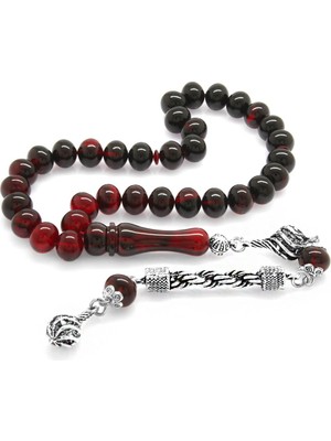 Okyanus Silver Kararmaz Metal Halat Püsküllü Tekerlek Kesim Süzme Kırmızı-Siyah Ateş Kehribar Tesbih