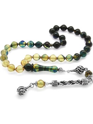 Okyanus Silver Kararmaz Metal Halat Püsküllü İstanbul Kesim Süzme Mavi-Beyaz Ateş Kehribar Tesbih