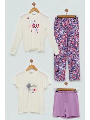 For You Kids 4'lü You Çicek Baskılı Lila Pijama Takım S27409