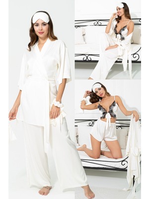 For You Sleepwear For You Moda Kadın 7 Li Saten Ekru Dantel Detay Pijama Takımı
