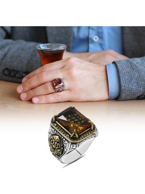 Okyanus Silver Baget Kesim Zultanit Taşlı Yanları Gotik Süslemeli 925 Ayar Gümüş Erkek Yüzük