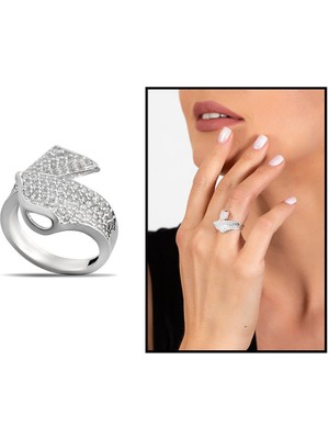 Okyanus Silver Zirkon Taşlı Yaprak Tasarım Cats Eye Detaylı 925 Ayar Gümüş Kadın Yüzük