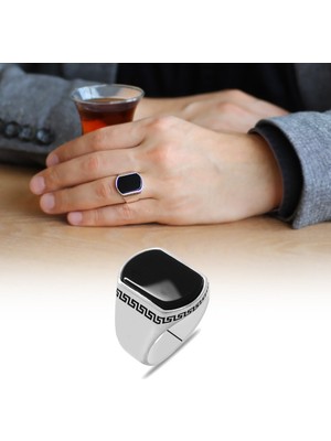 Okyanus Silver Flat Tasarım Siyah Oniks Taşlı 925 Ayar Gümüş Erkek Yüzük